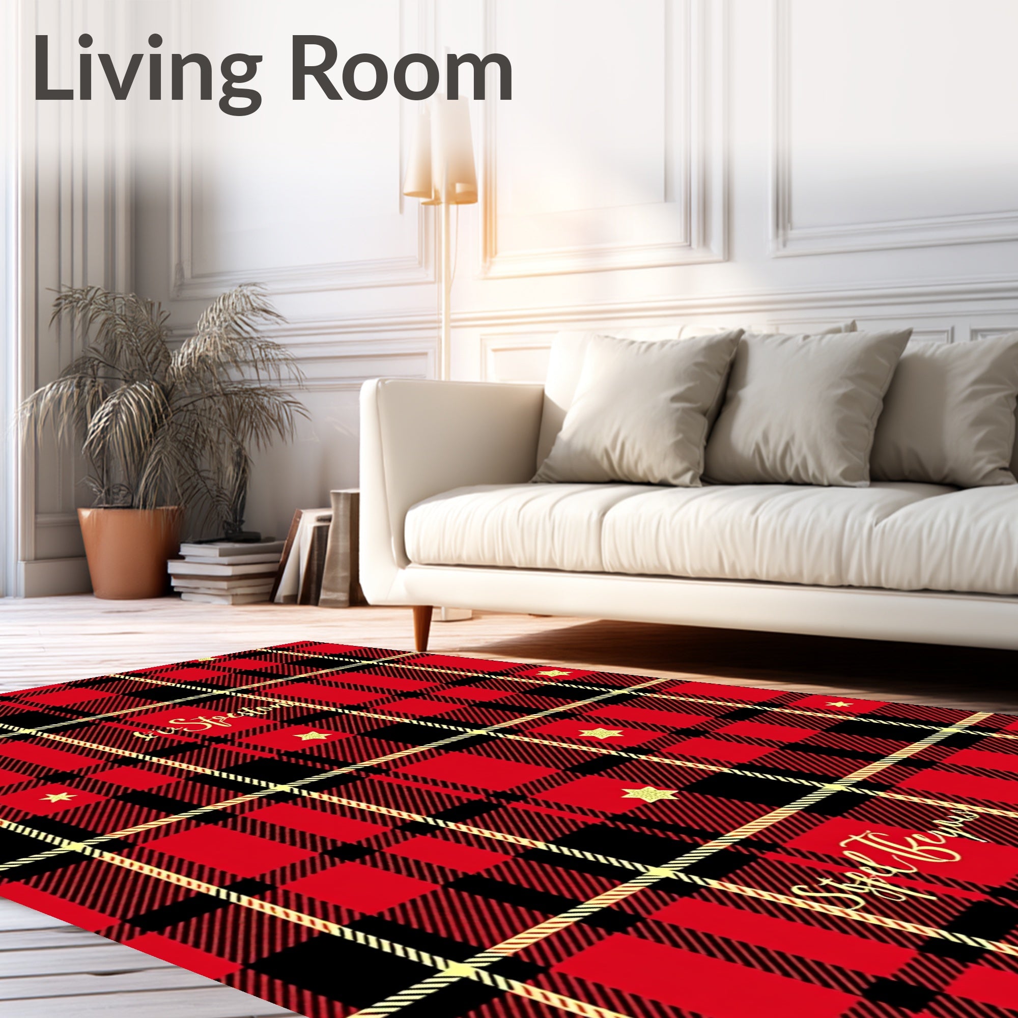 Red Black Gold Plaid Star Rug