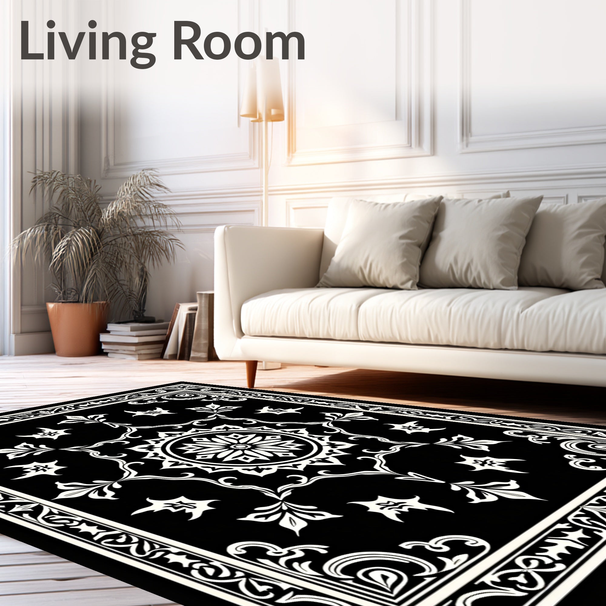 Black and White Floral Medallion Border Rug