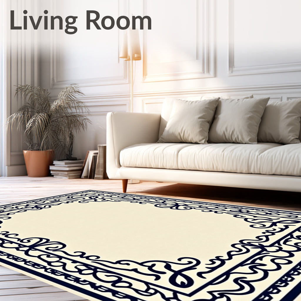 Dark Blue Ornate Scroll Border Rug
