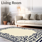 Dark Blue Ornate Scroll Border Rug