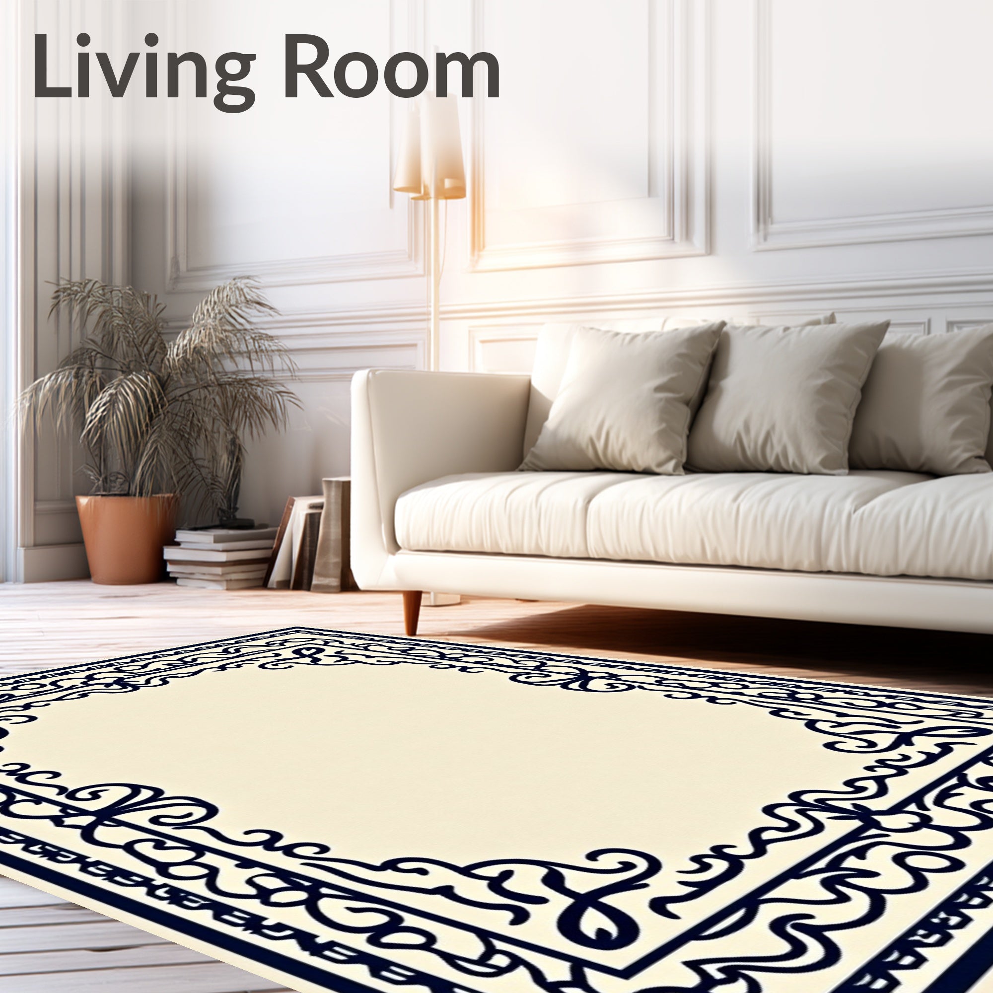 Dark Blue Ornate Scroll Border Rug