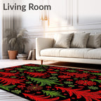 Festive Red Green Pine Trees Snowflakes Rug