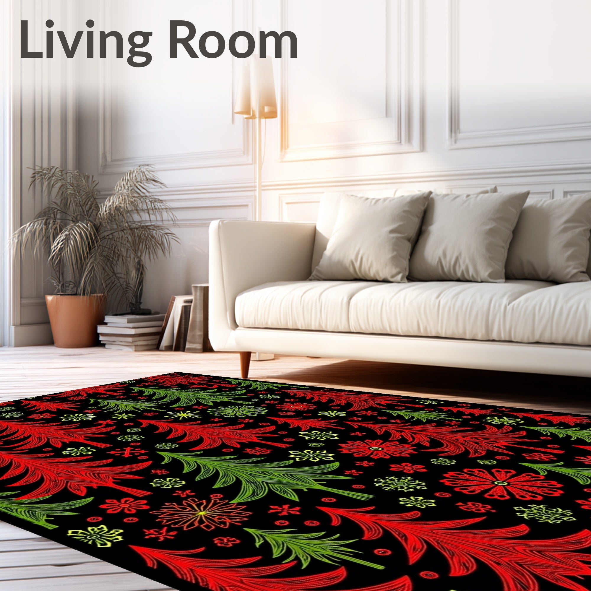 Festive Red Green Pine Trees Snowflakes Rug