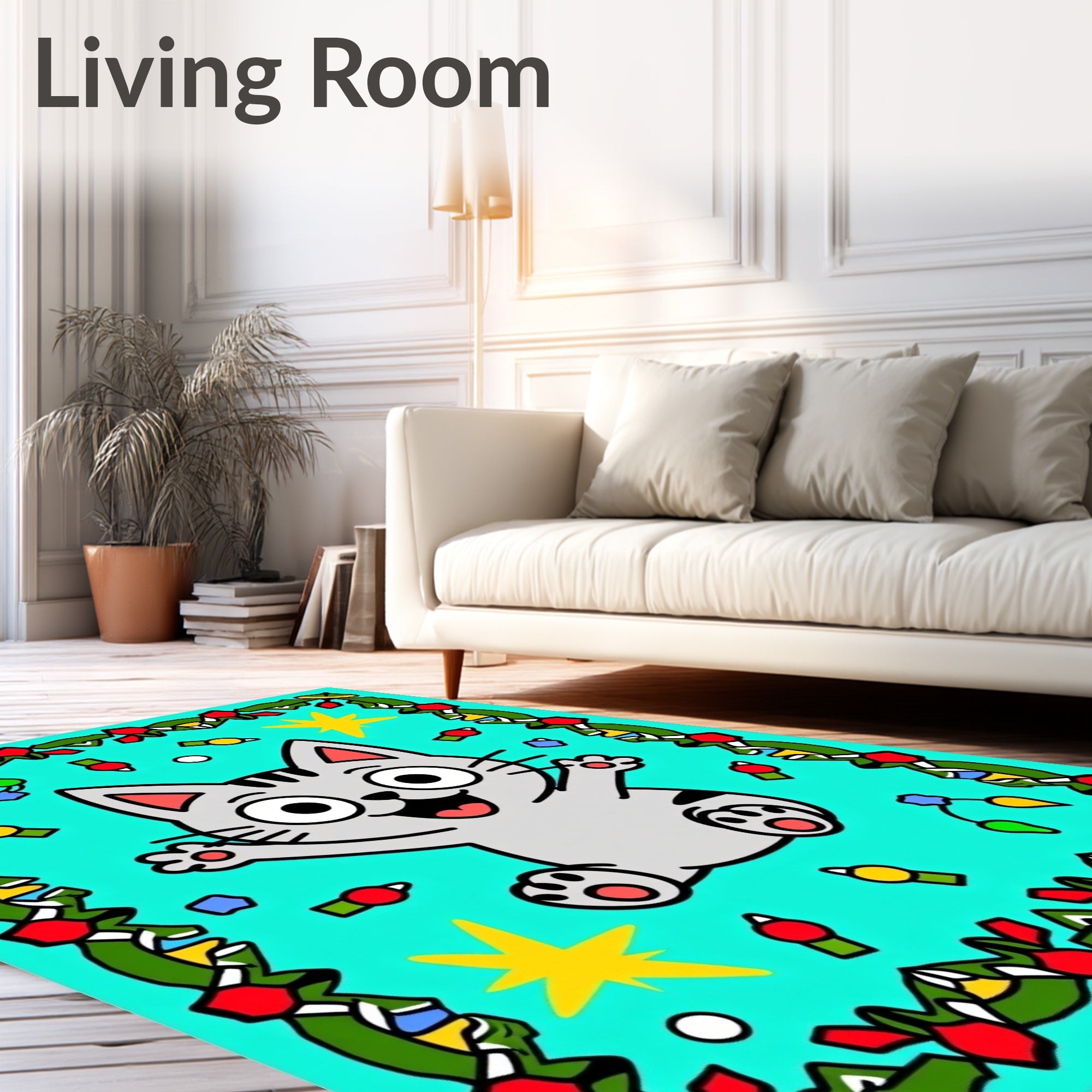 Happy Cat Holiday Lights Rug