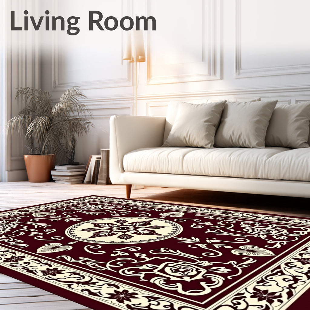 Deep Burgundy Ivory Floral Medallion Rug