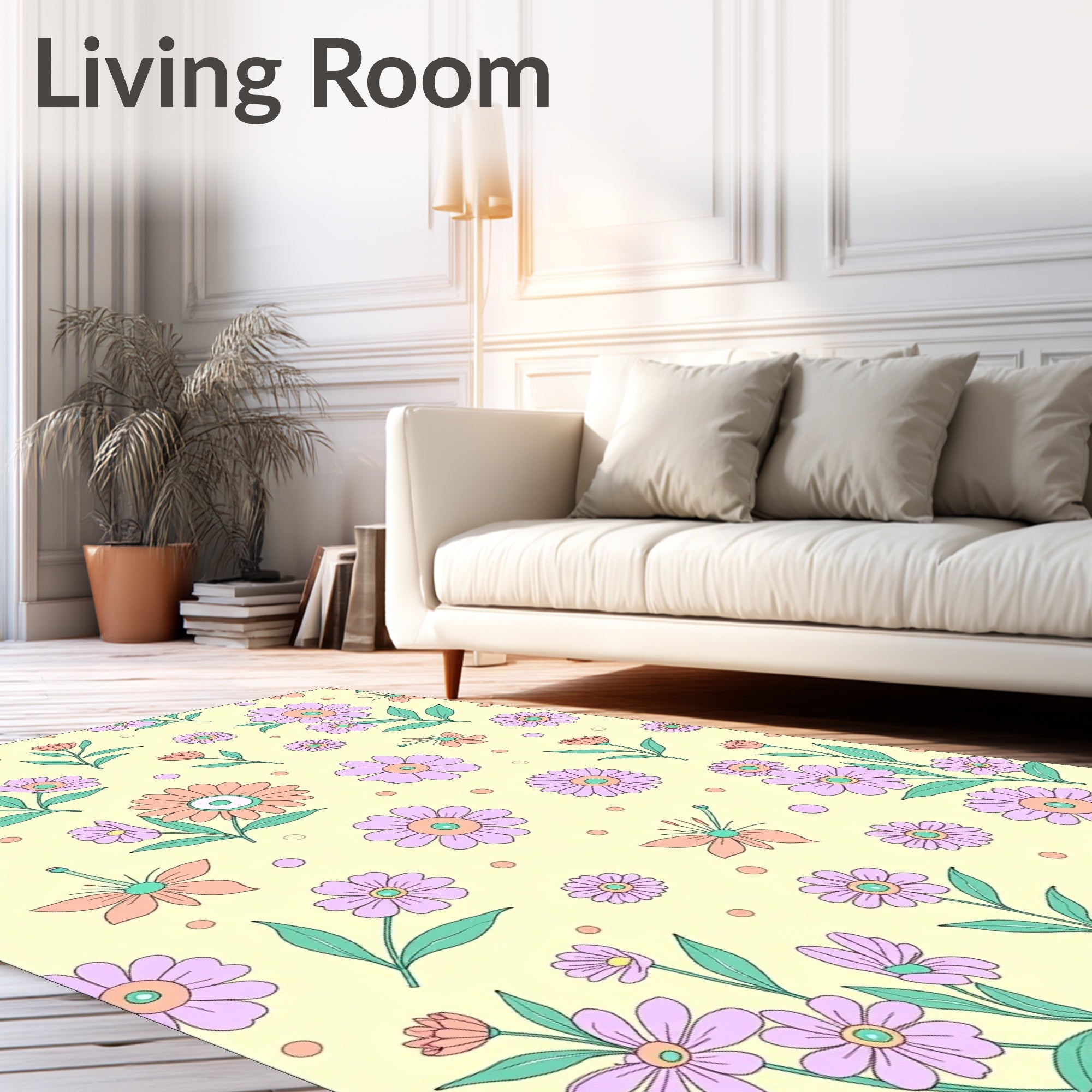 Soft Peach Mint Daisy Floral Field Rug