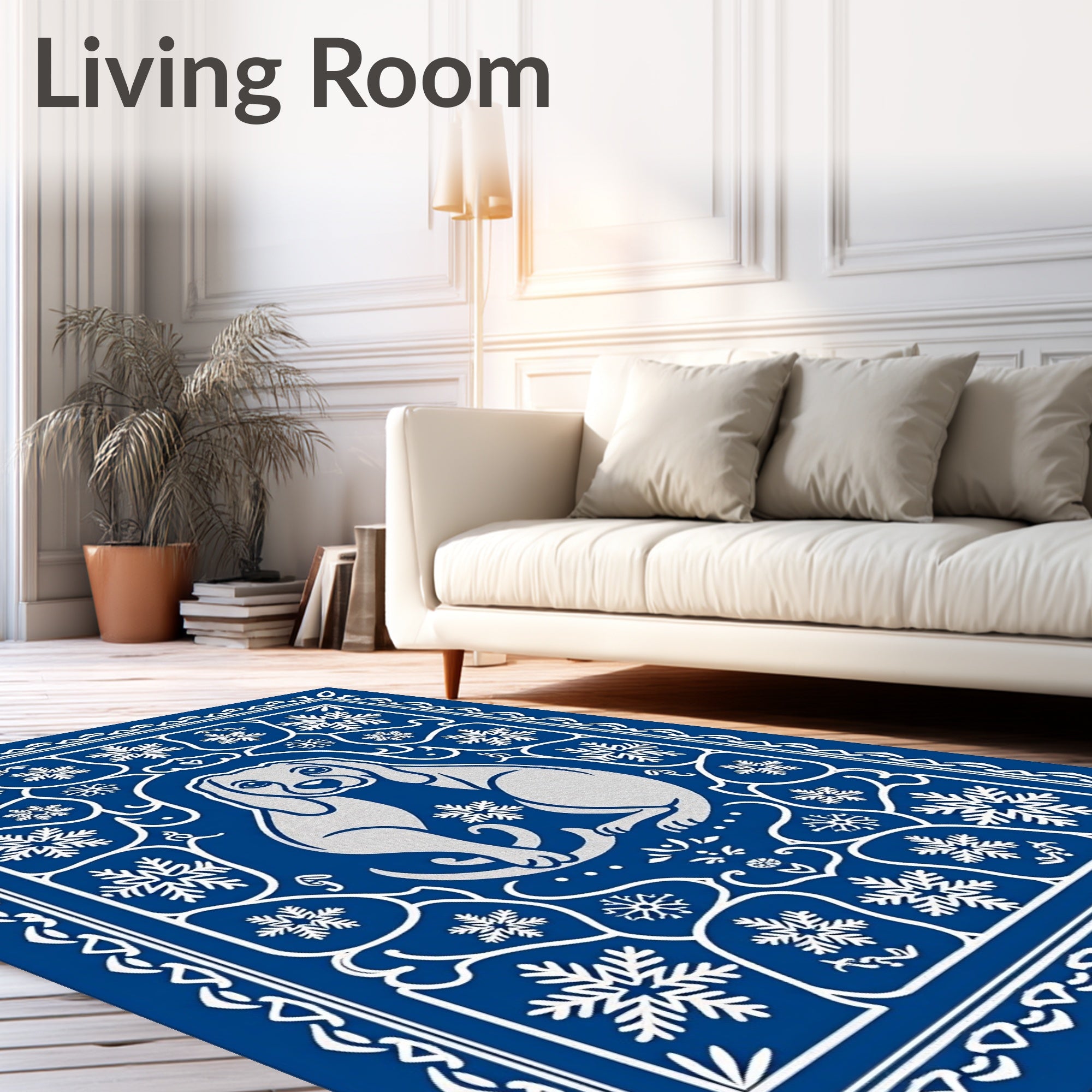 Blue Silver Festive Dog Snowflake Border Rug