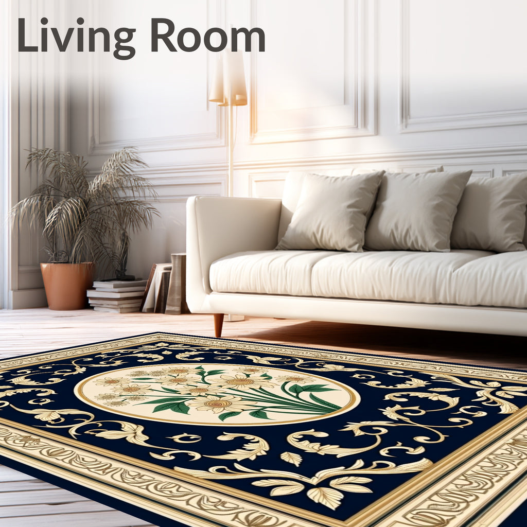 Navy Cream Floral Oval Medallion Rug