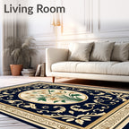 Navy Cream Floral Oval Medallion Rug