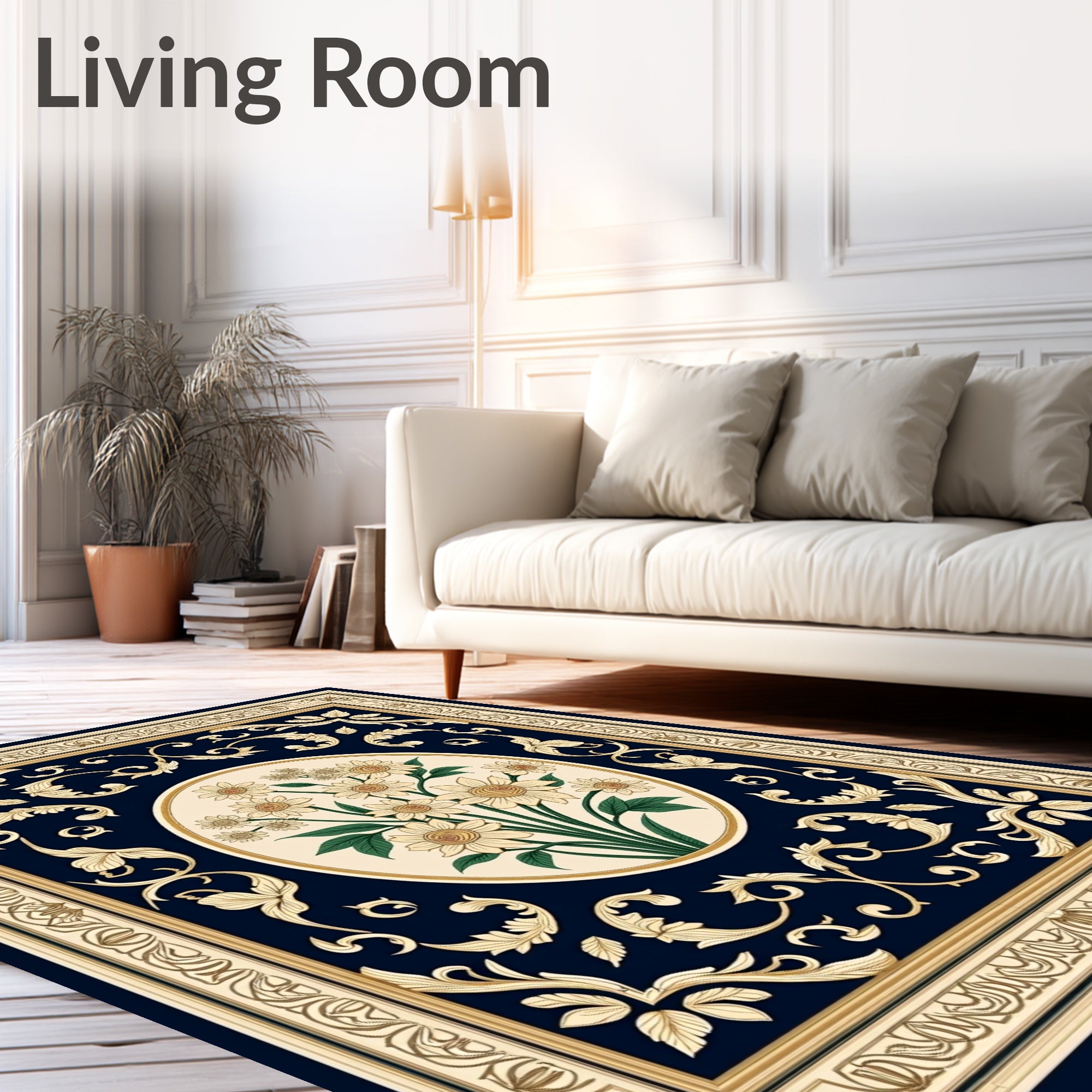 Navy Cream Floral Oval Medallion Rug