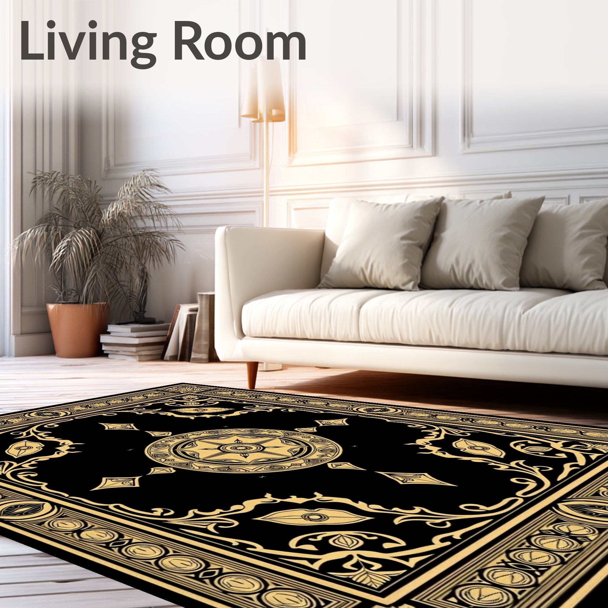 Golden Black Ornate Medallion Rug