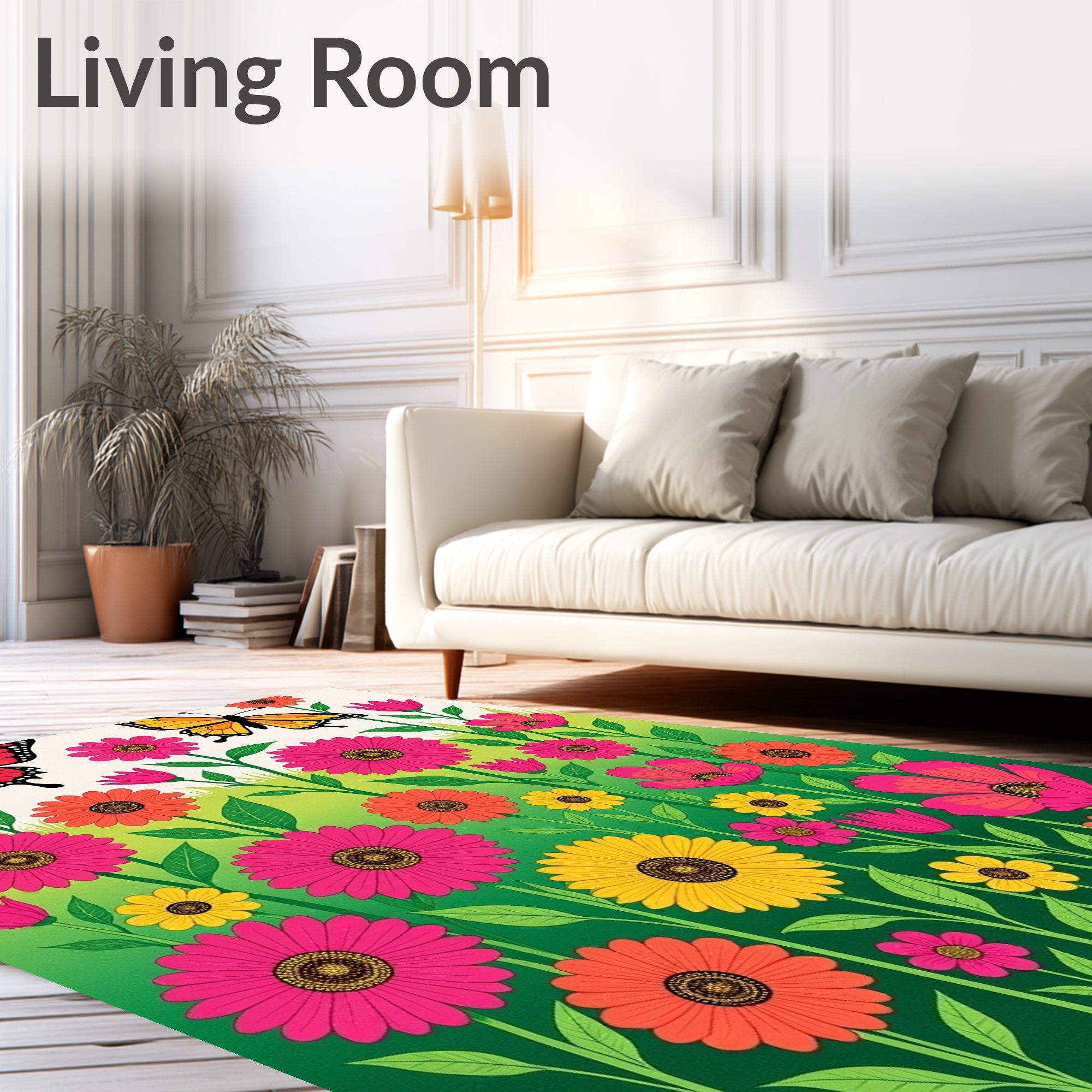 Vibrant Floral Garden with Butterflies Rug