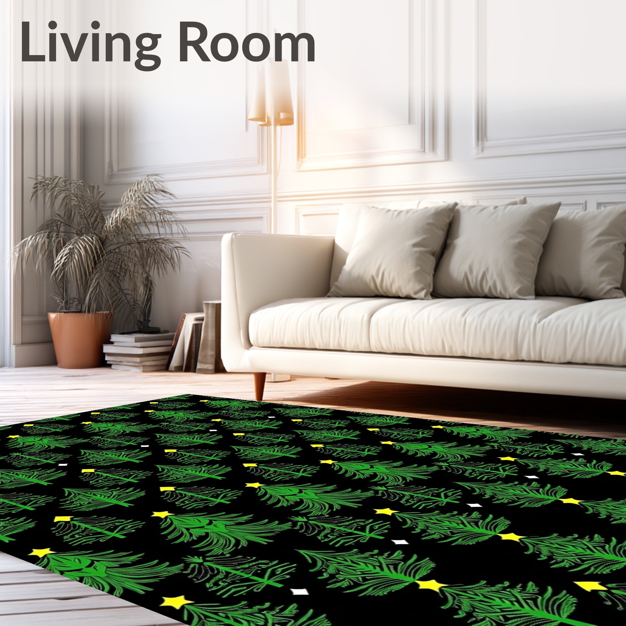 Green Evergreen Christmas Trees Yellow Stars Rug