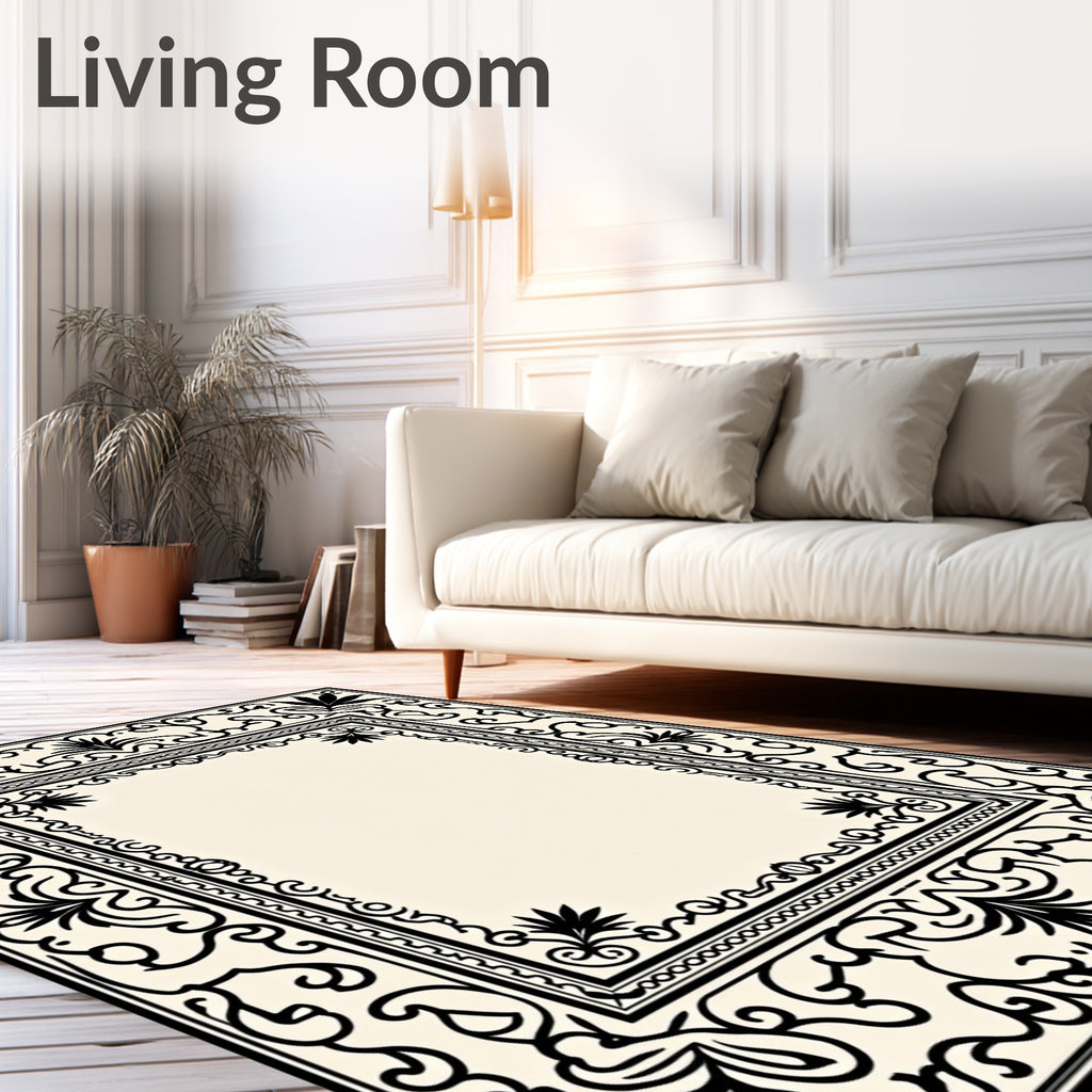 Classic Black White Floral Scroll Frame Rug