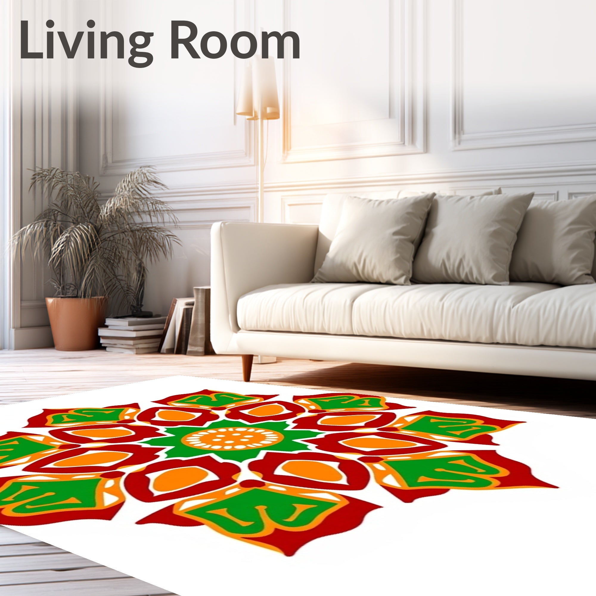 Vibrant Red Green Floral Mandala Rug
