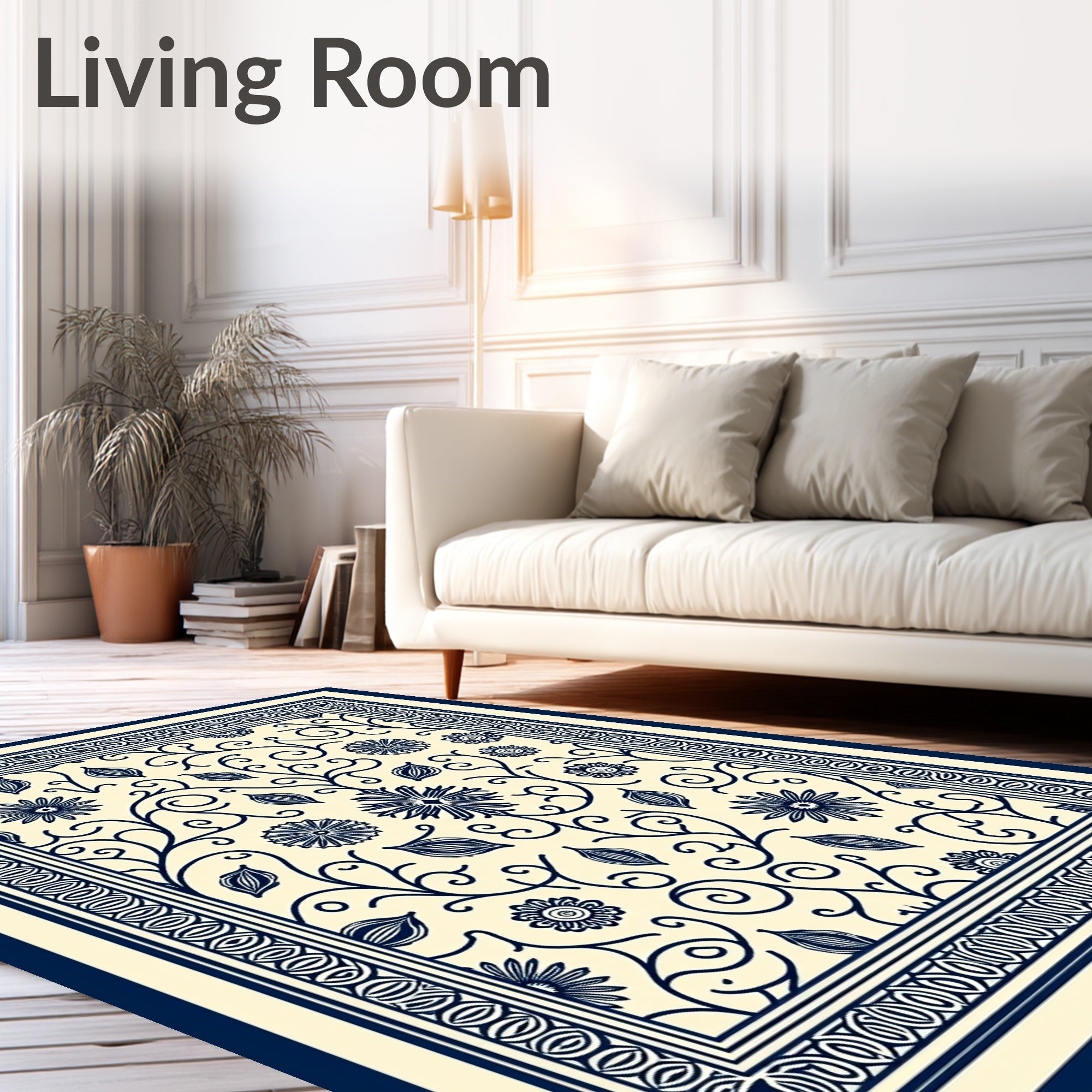 Navy Blue Floral Vine Border Rug