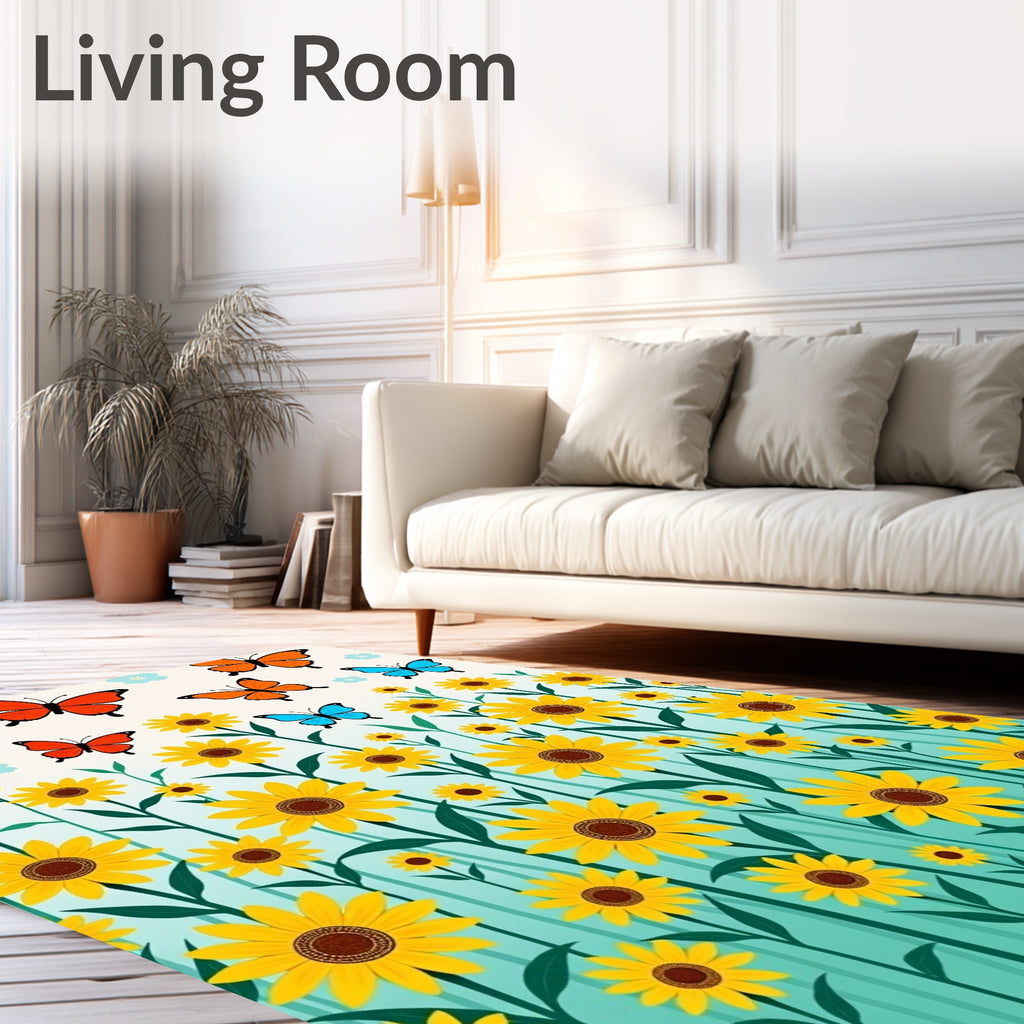 Yellow Sunflowers with Blue Orange Butterflies Rug