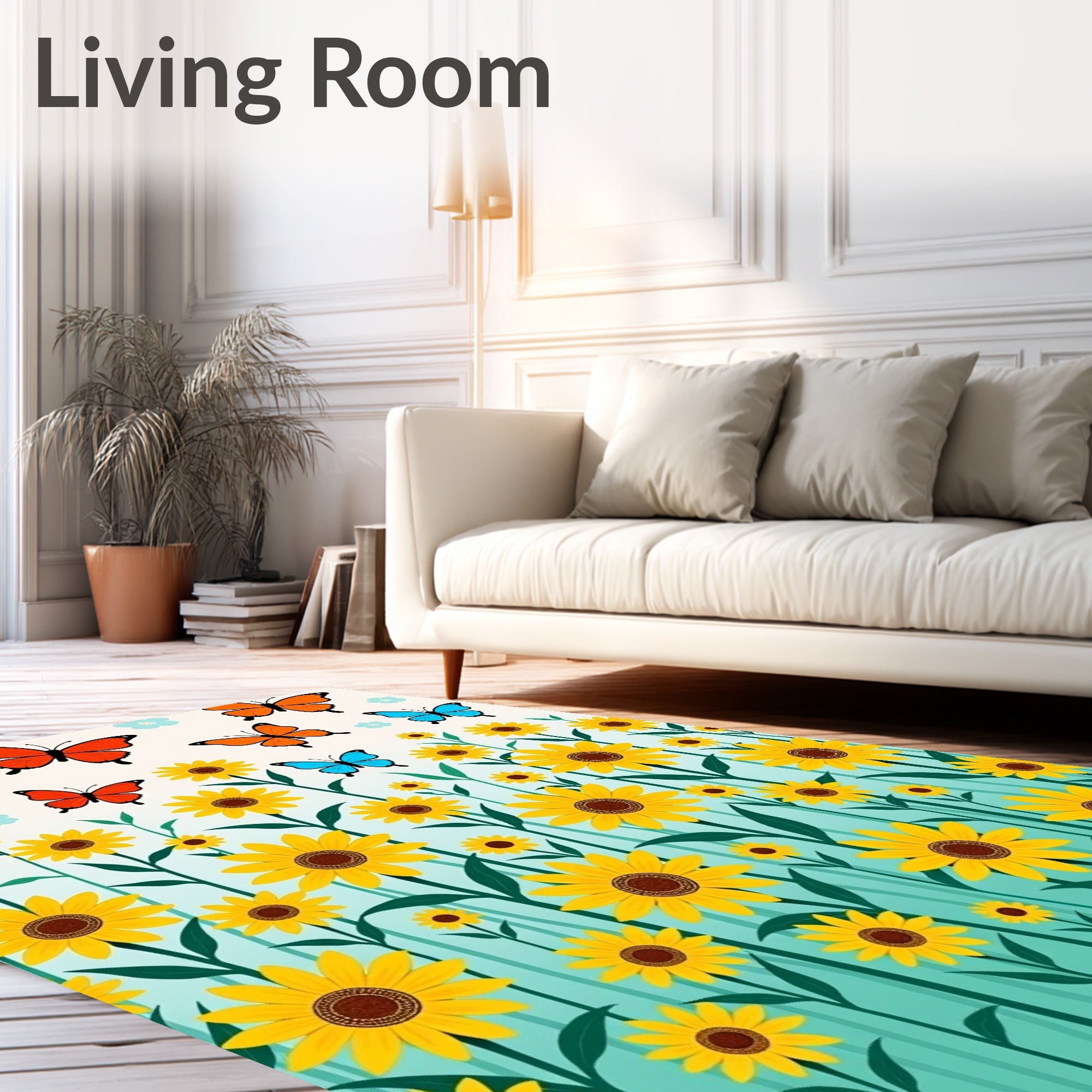 Yellow Sunflowers with Blue Orange Butterflies Rug