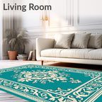 Teal Cream Medallion Floral Border Rug