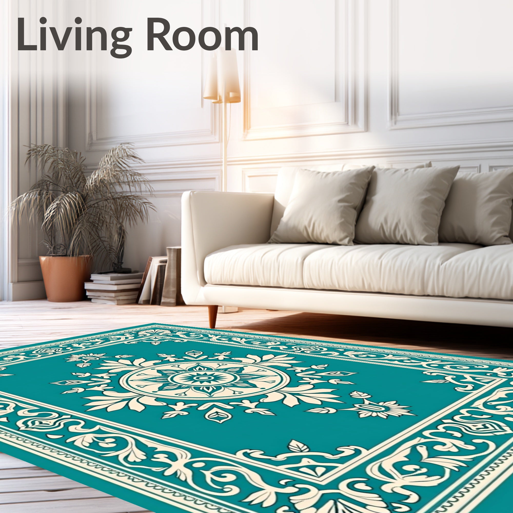 Teal Cream Medallion Floral Border Rug