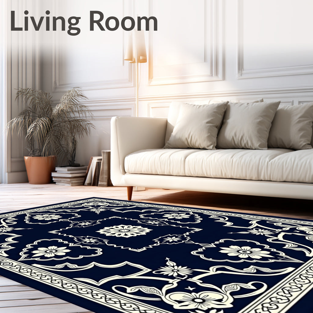 Elegant Navy Cream Floral Medallion Rug