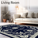 Elegant Navy Cream Floral Medallion Rug