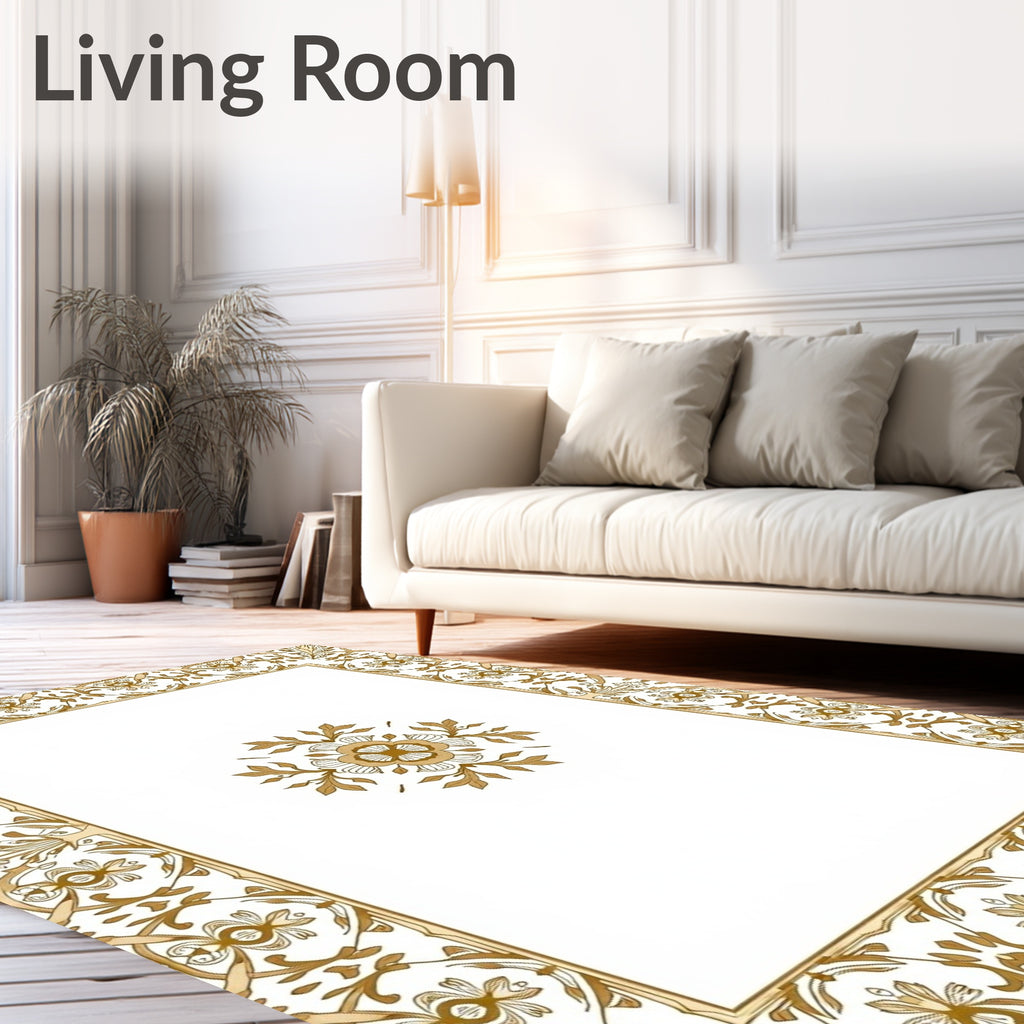 Golden Floral Damask Centerpiece Border Rug