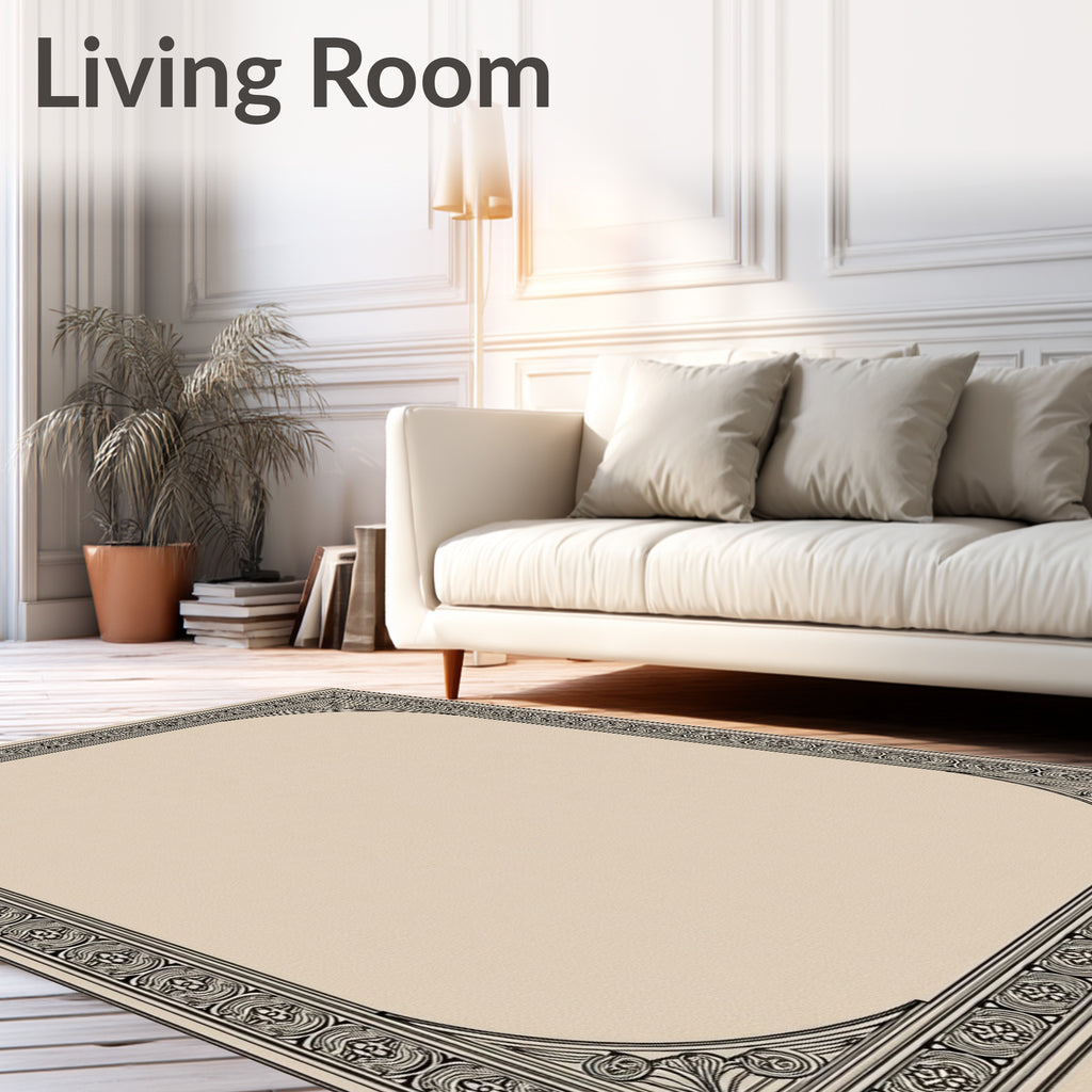 Ornate Black Cream Scroll Border Rug