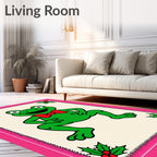 Cheerful Green Frog Red Bow Holly Rug