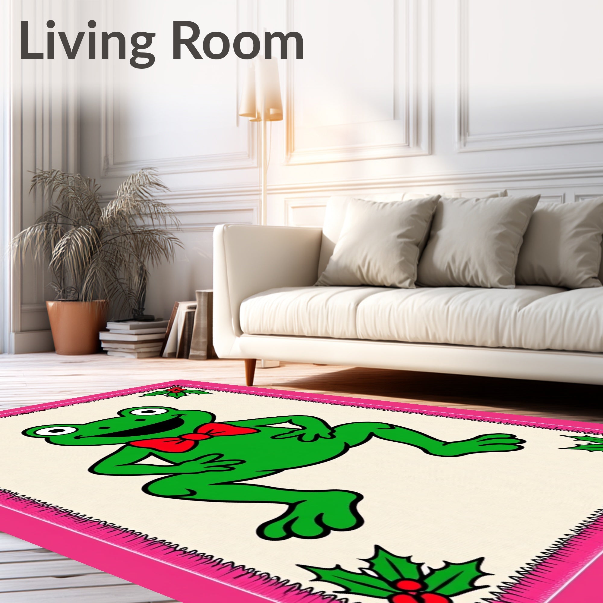 Cheerful Green Frog Red Bow Holly Rug
