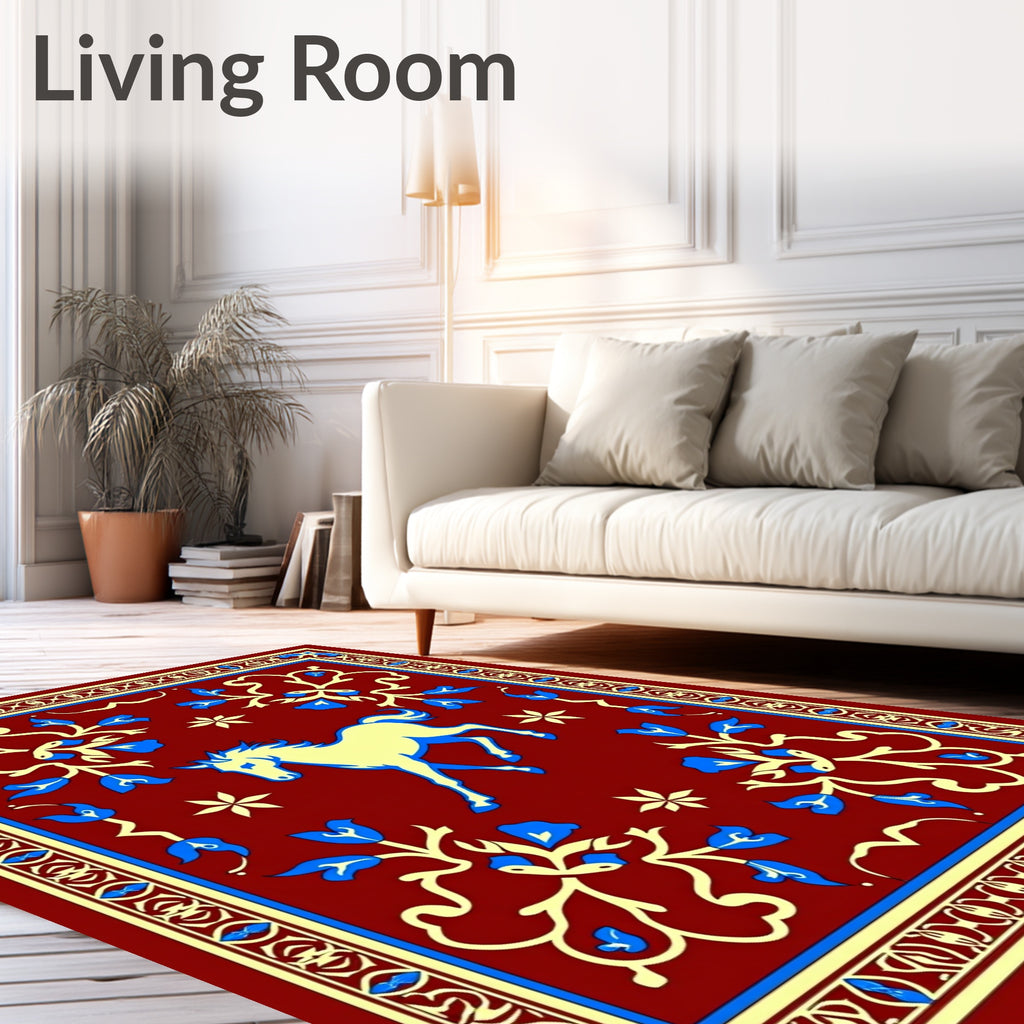 Crimson Yellow Blue Horse Border Rug