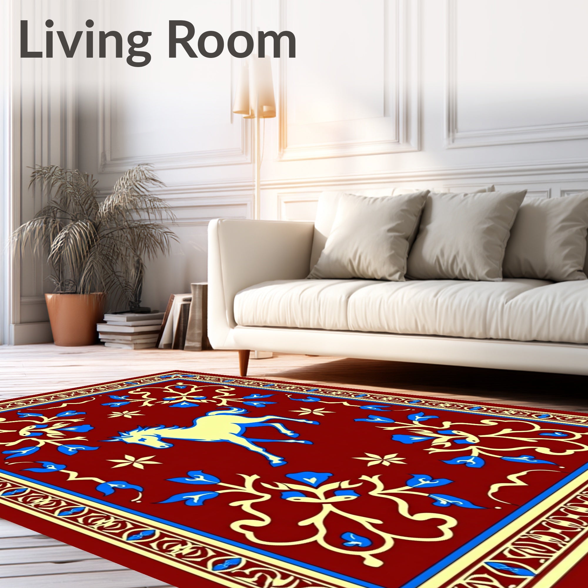 Crimson Yellow Blue Horse Border Rug