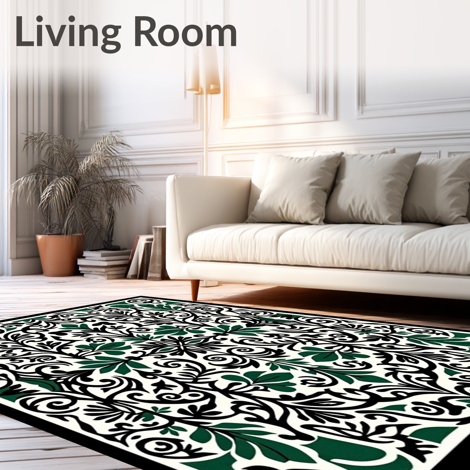 Ornate Emerald Black Floral Scroll Rug