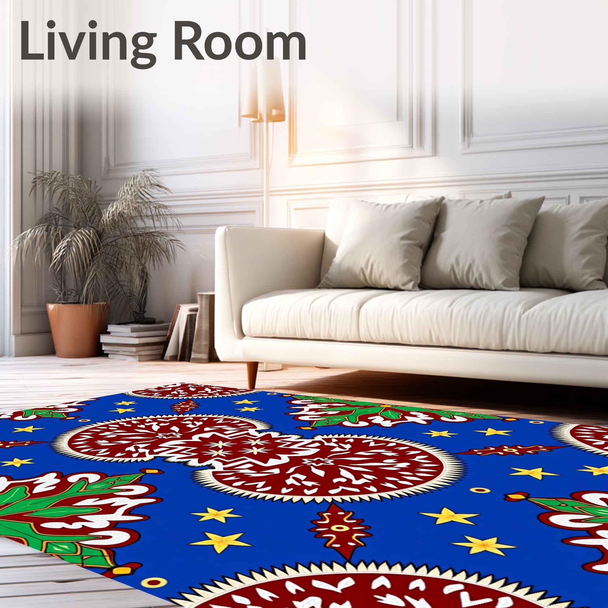 Vibrant Red Medallion Blue Star Scape Rug