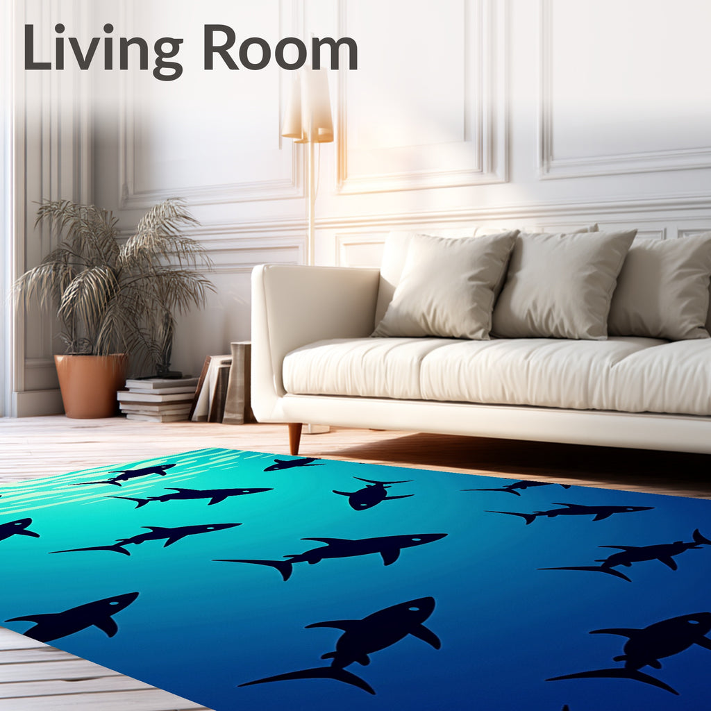 Dark Blue Silhouette Shark School Rug