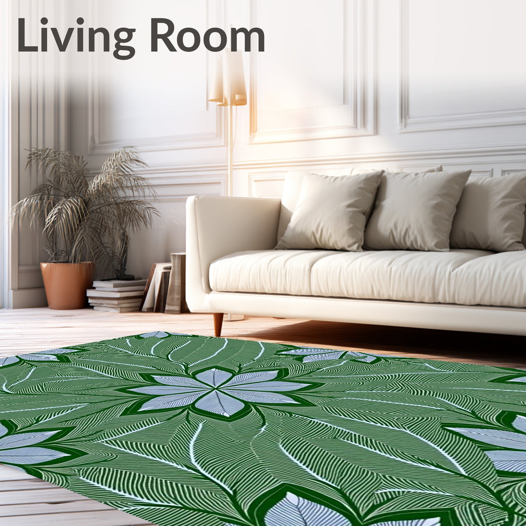 Forest Green White Leaf Mandala Rug