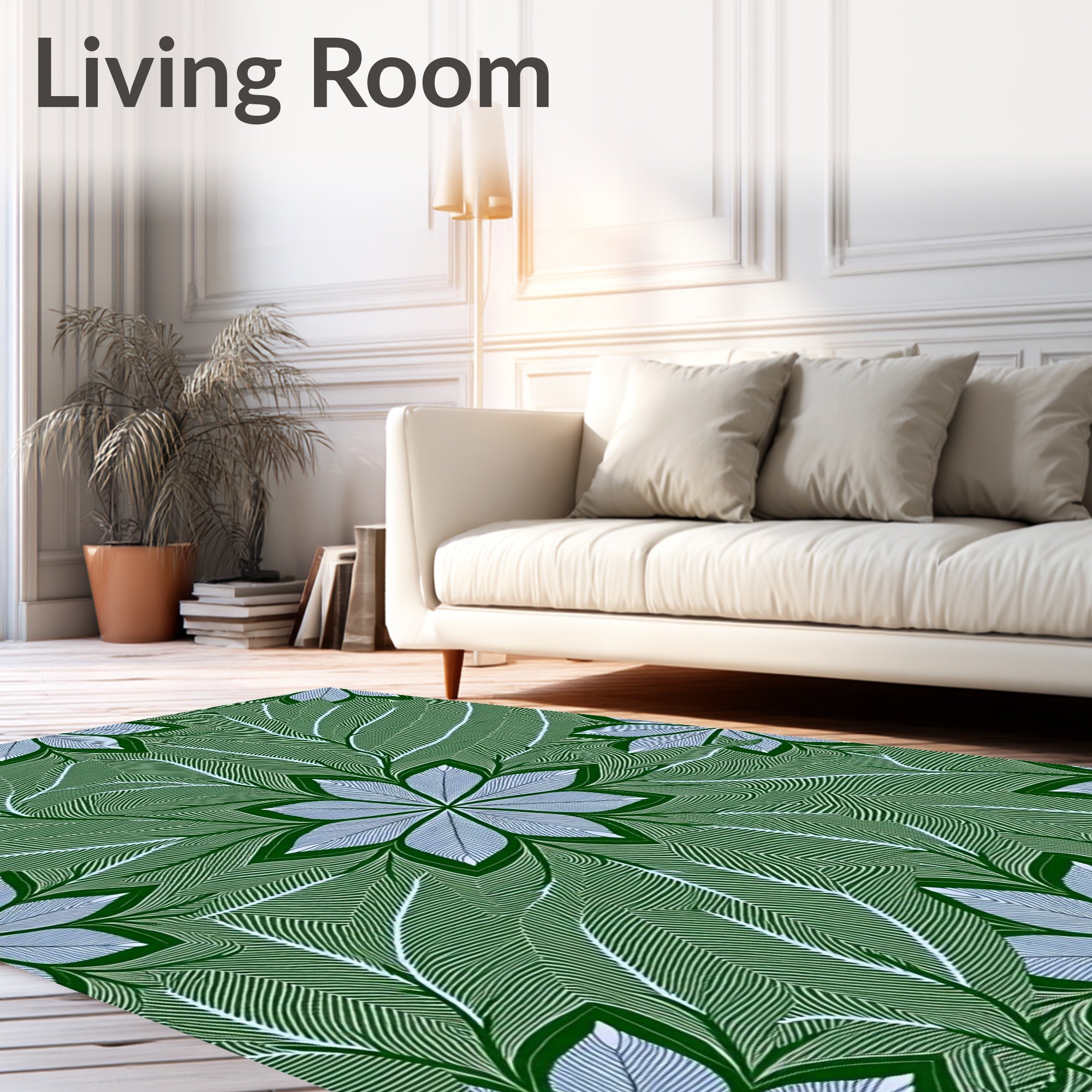 Forest Green White Leaf Mandala Rug