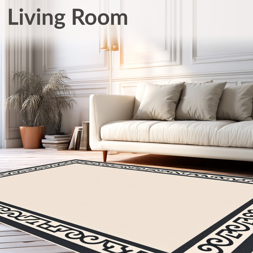 Black Geometric Border Cream Field Rug