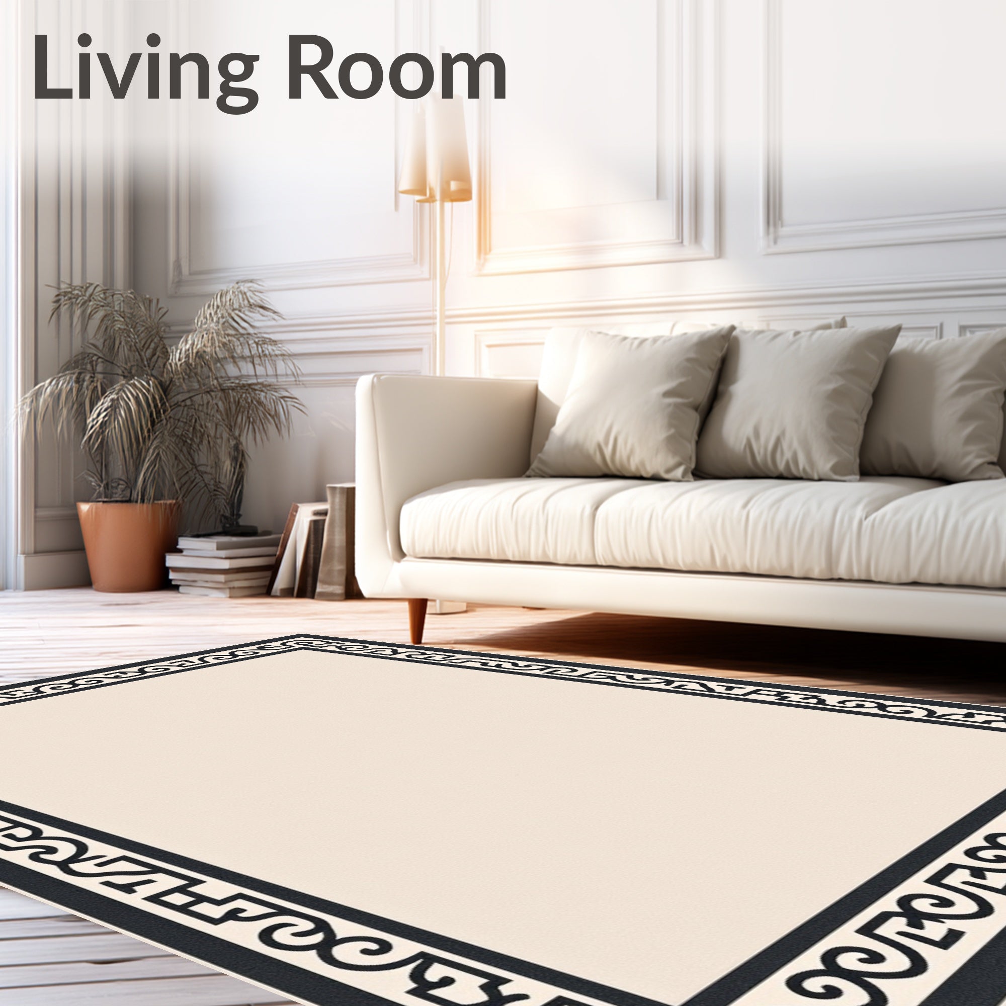 Black Geometric Border Cream Field Rug