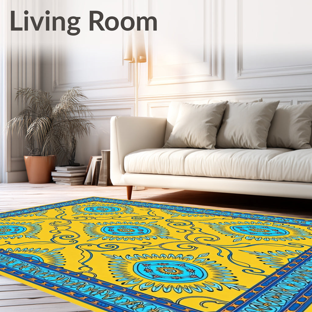 Golden Blue Circular Floral Medallion Rug