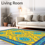 Golden Blue Circular Floral Medallion Rug