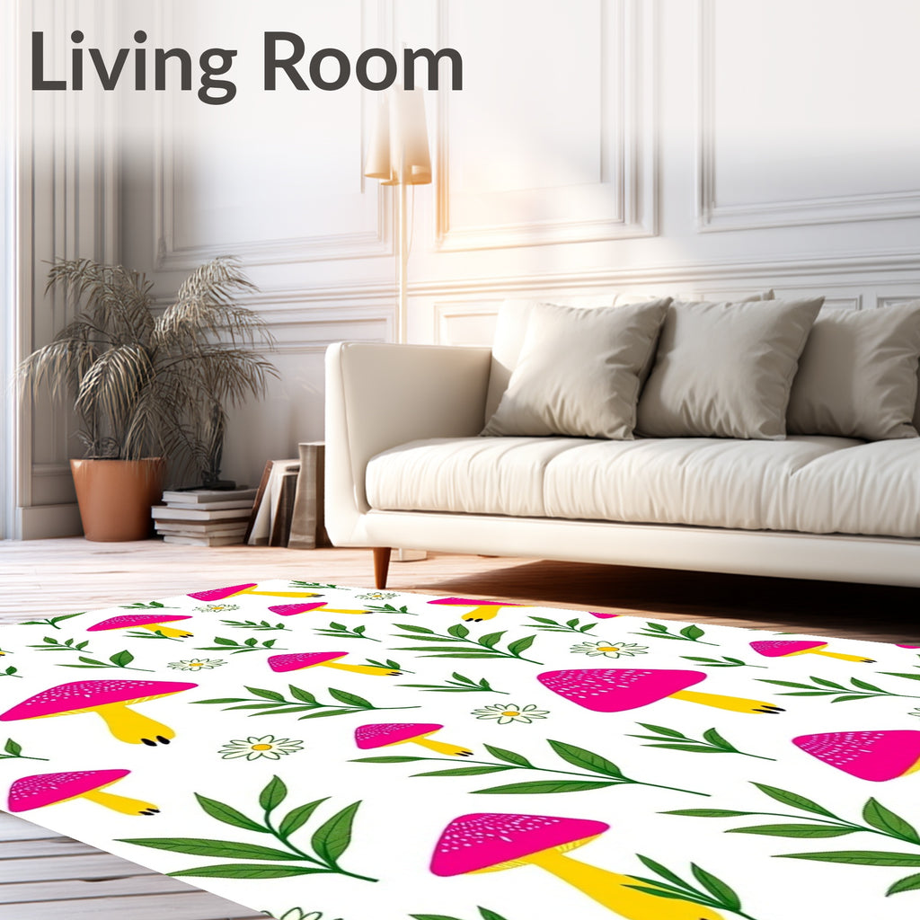 Whimsical Pink Mushroom Green Leaf Garden Rug