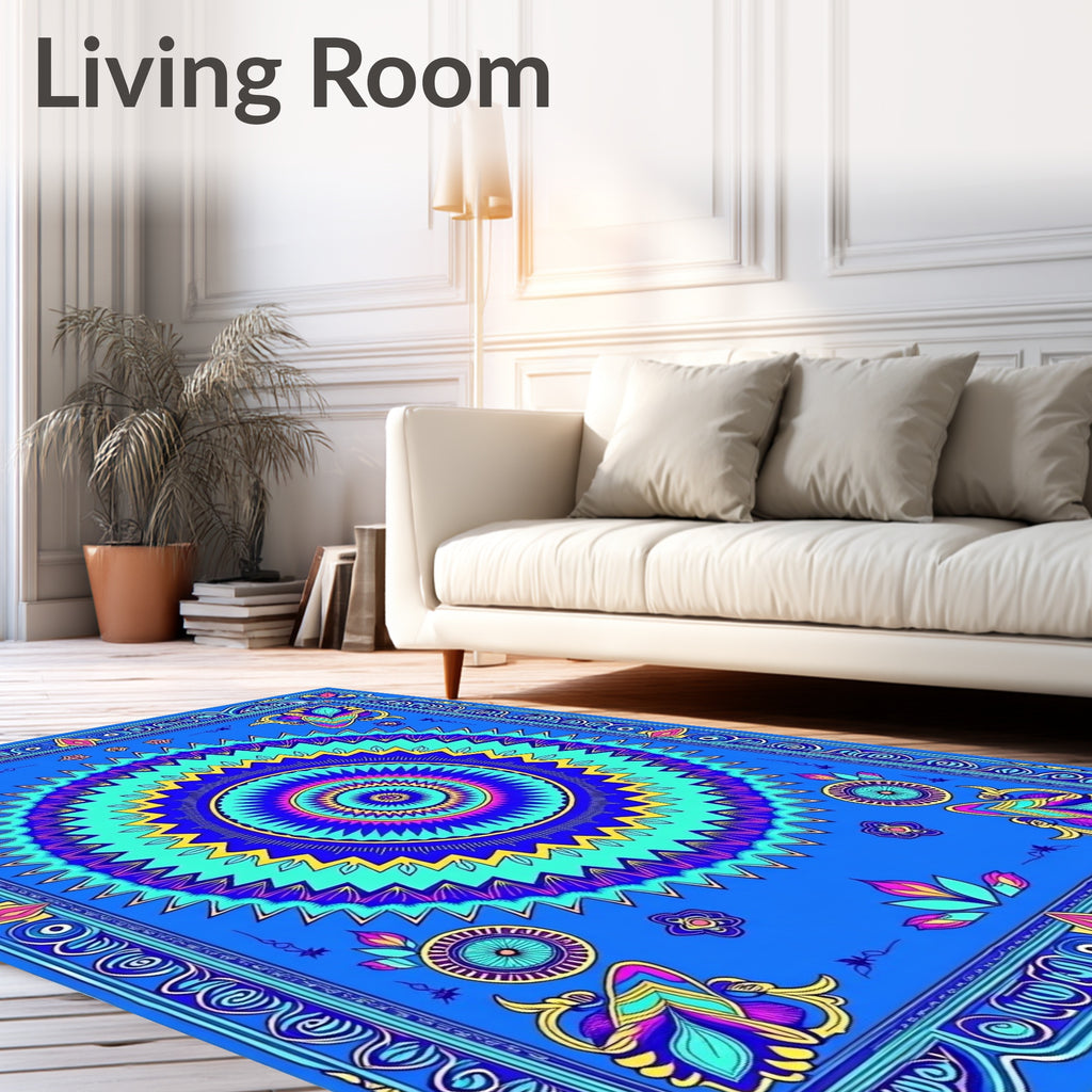 Vibrant Blue Floral Sunburst Mandala Rug
