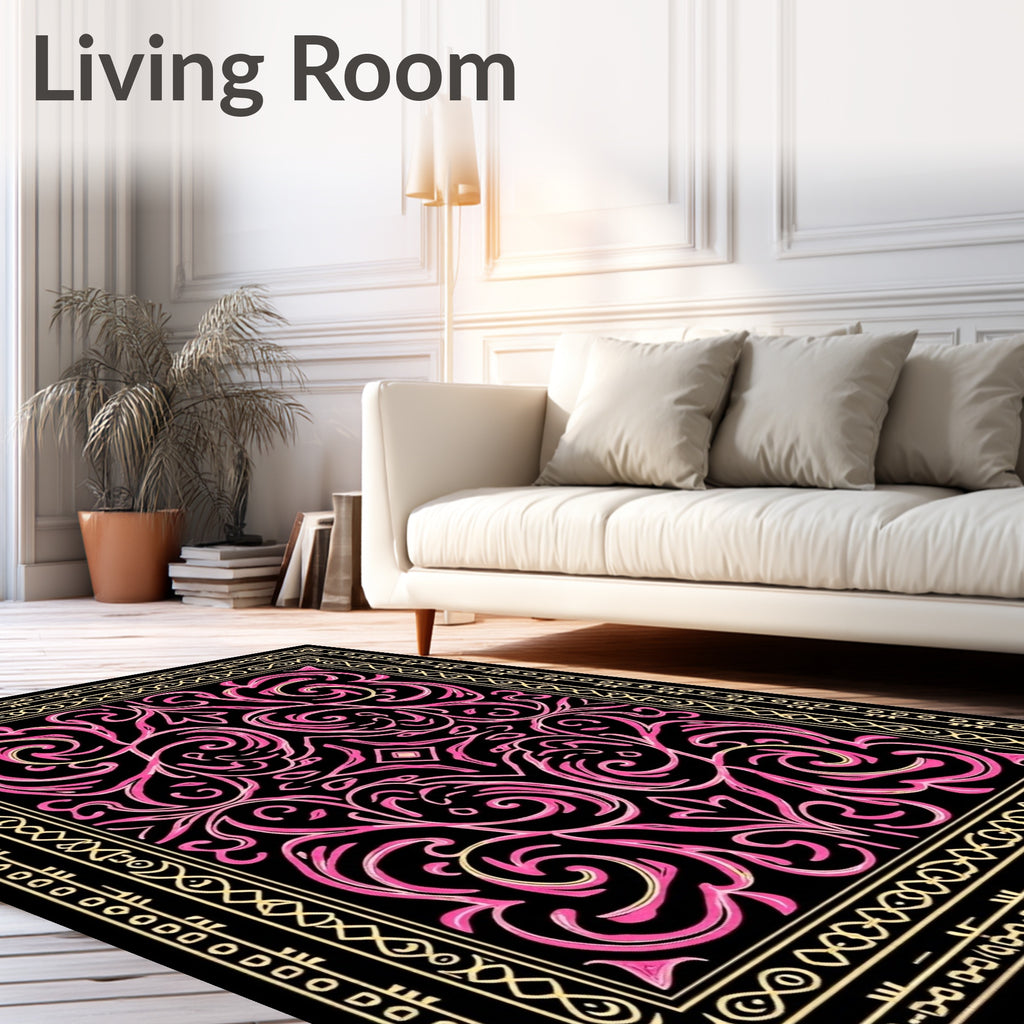 Pink Swirl Floral Black Golden Border Rug