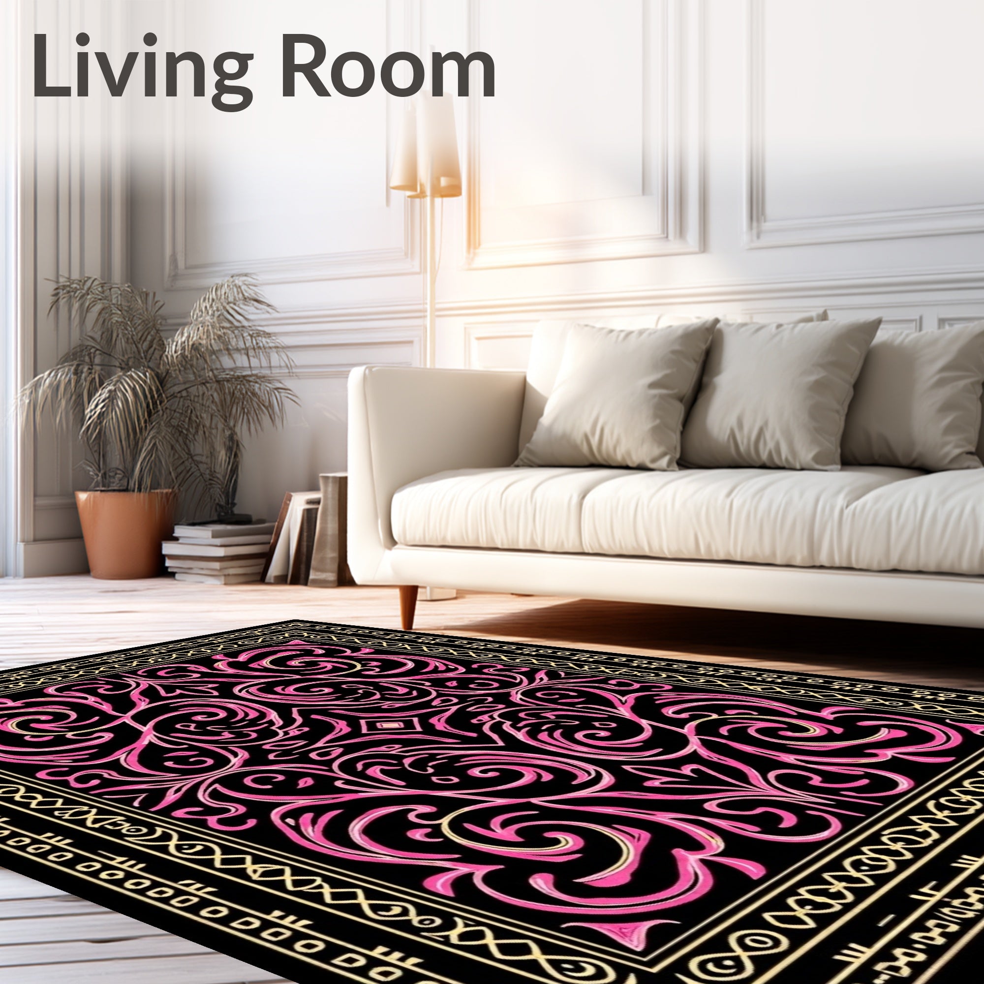 Pink Swirl Floral Black Golden Border Rug