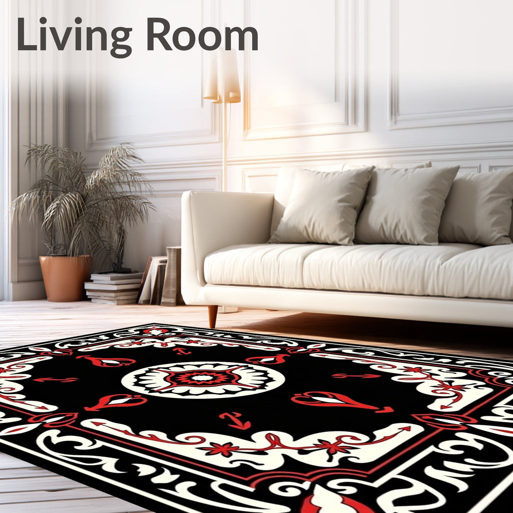 Crimson Black Floral Medallion Frame Rug