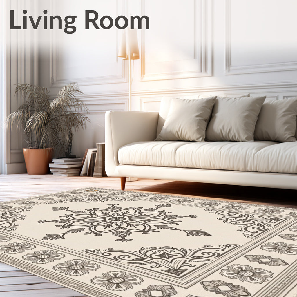 Cream Floral Medallion Border Artwork Rug