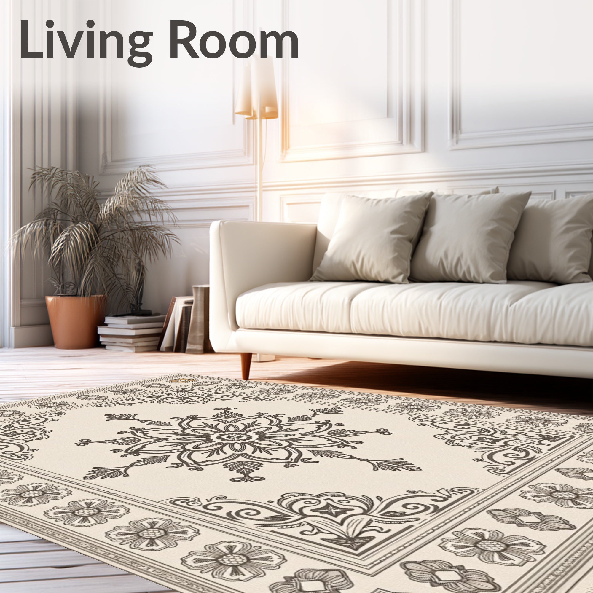 Cream Floral Medallion Border Artwork Rug