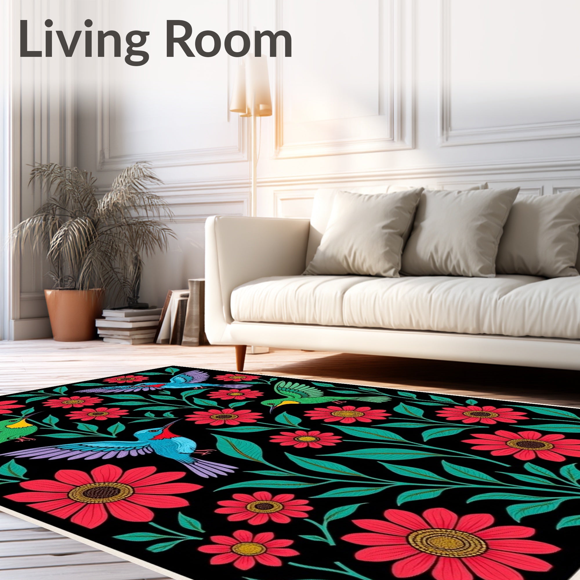 Vibrant Hummingbird Floral Black Ground Rug