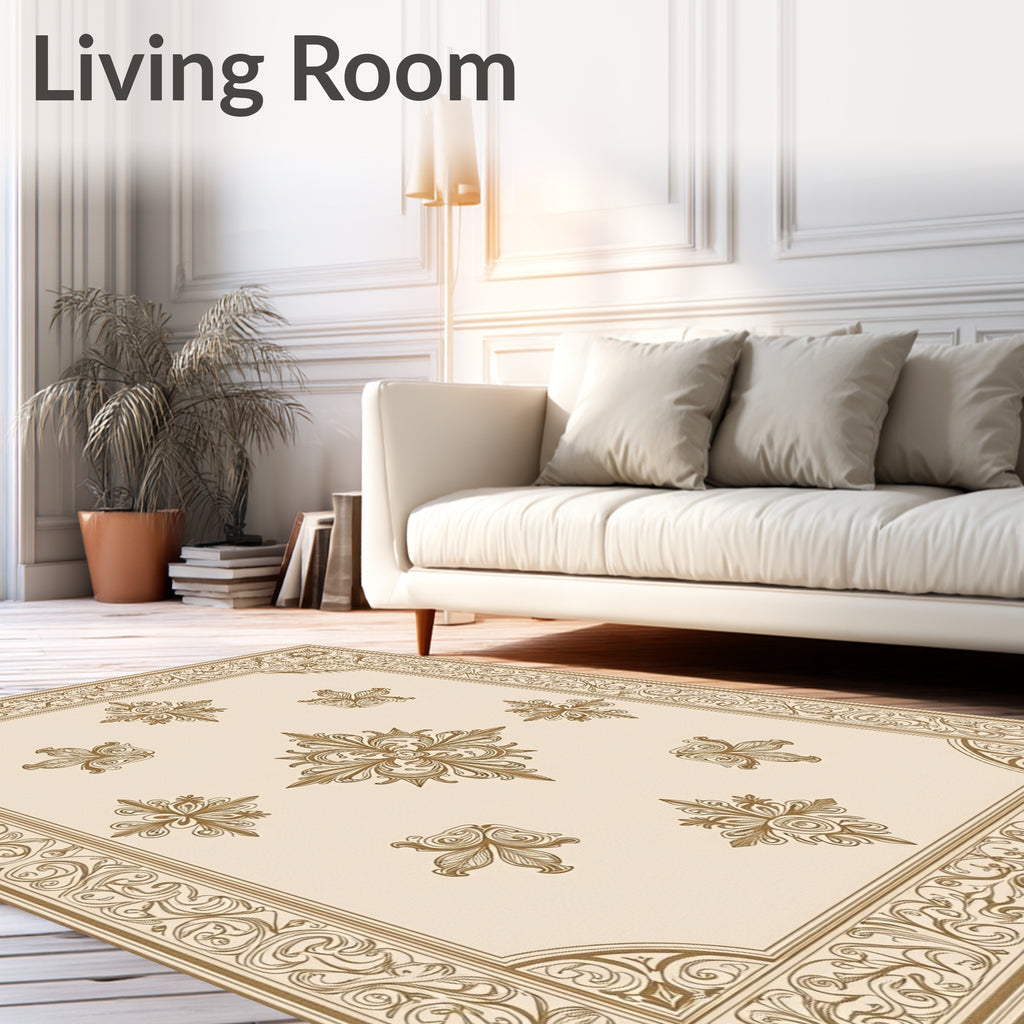 Ornate Gold Cream Floral Scroll Rug